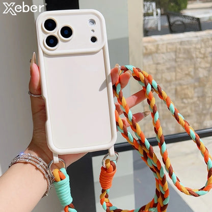 Crossbody Lanyard Braided Cord Liquid Silicone Case For iPhone 16 17 Pro Max 15 14 13 12 11 XR XS 7 8 Plus Necklace Strap Cover