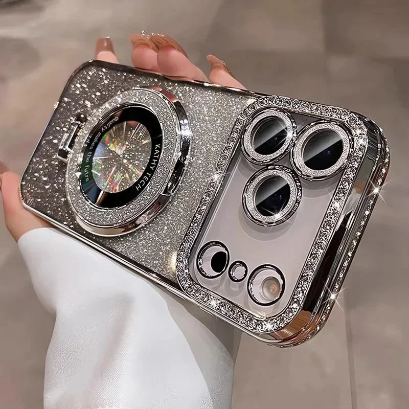 Transparent Diamond Glitter Magnetic Phone Case with Coating，Applicable iPhone 17 16 13 14 15 Pro Max Lens protection bracket ba