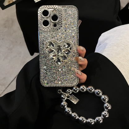 Luxury Rhinestone Heart Phone Case for iPhone 17 Air 16 15 14 13 12 Pro Max 11 with Strap Stand Flash Powder Dispensing Process