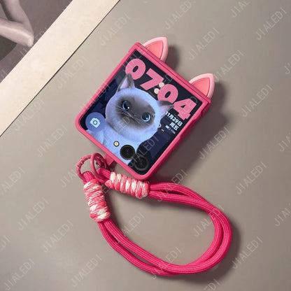 Cute Cat Ears Hinge Phone Case For Samsung Galaxy Z Flip 8 7 6 5 4 3 flip6 zflip7 ZFlip 8 Cover