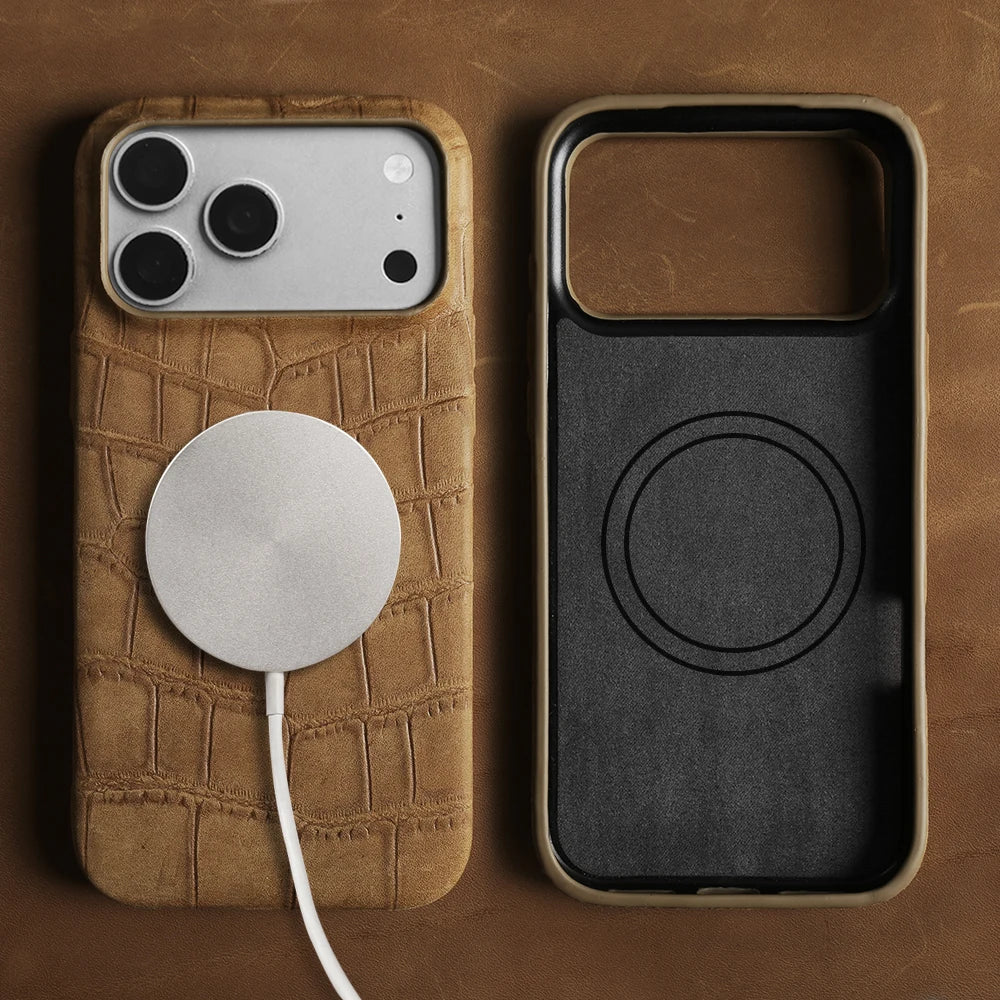 For Magsafe Case For iphone 16 15 17 Pro Max Air 17e 16e 14 Plus 13 12 Mini 11 Crazy Horse Crocodile Genuine Leather Back Cover