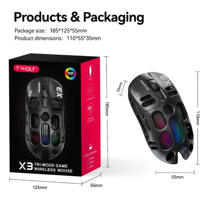 Wireless Gaming Mouse Tri-Mode BT5.1/2.4G/USB-C, 70g Lightweight RGB Rechargeable Mouse, 8000 DPI Sensor, 5 Programmable Buttons for PC Laptop