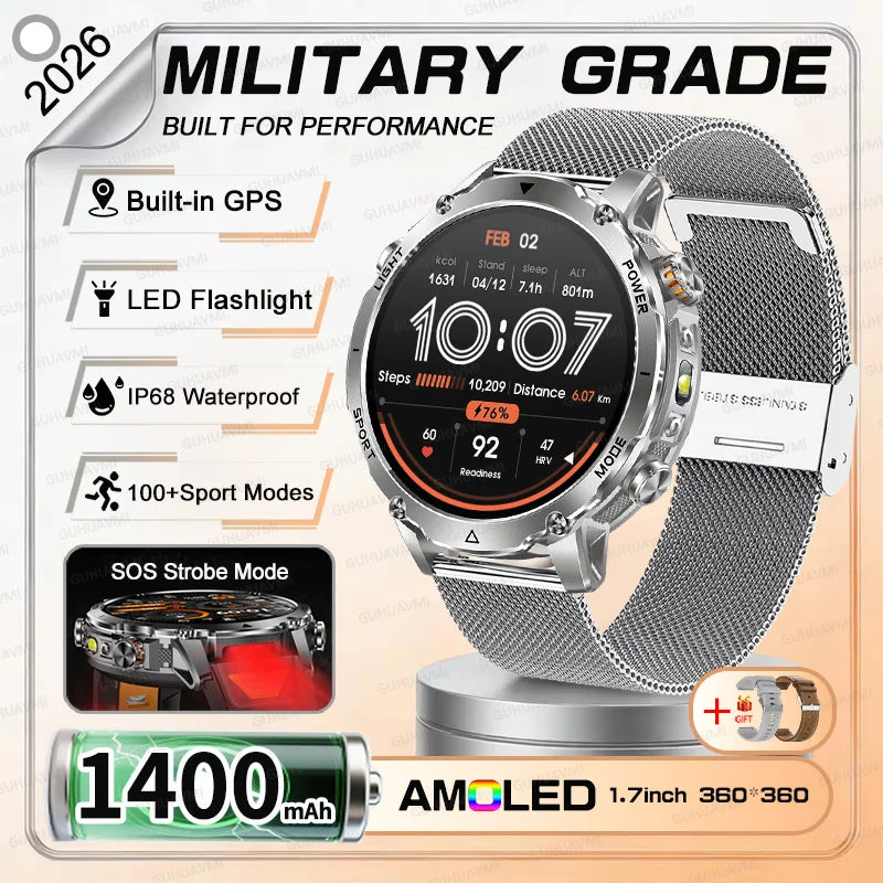 NEW Military 1400mAh Battery SmartWatch Men Outdoor LED Flashlight IP68 Waterproof Heart Rate SOS Bluetooth Call Sports Bracelet