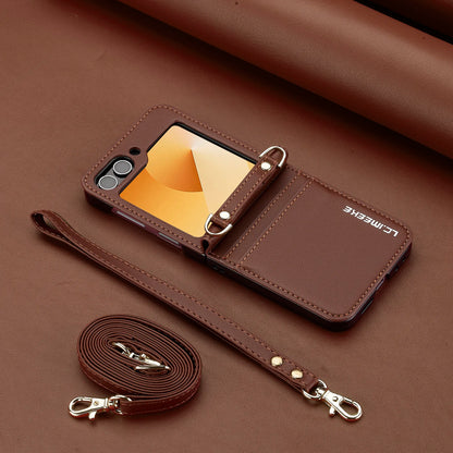 Crossbody Cards Solt Wallet Leather Case For Samsung Galaxy Z Flip 8 7 FE 6 5 4 3 5G Flip6 Flip7 Hand Strap Lanyard Pocket Cover