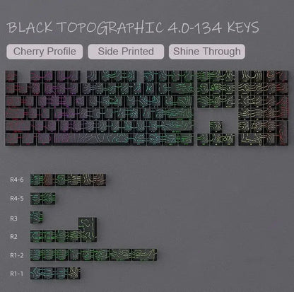 RGB Backlit Keycaps Cherry Profile Black Topographic 4.0 Side-lit Double Shot PBT Keycaps for Cherry MX Switches Gaming Keyboard