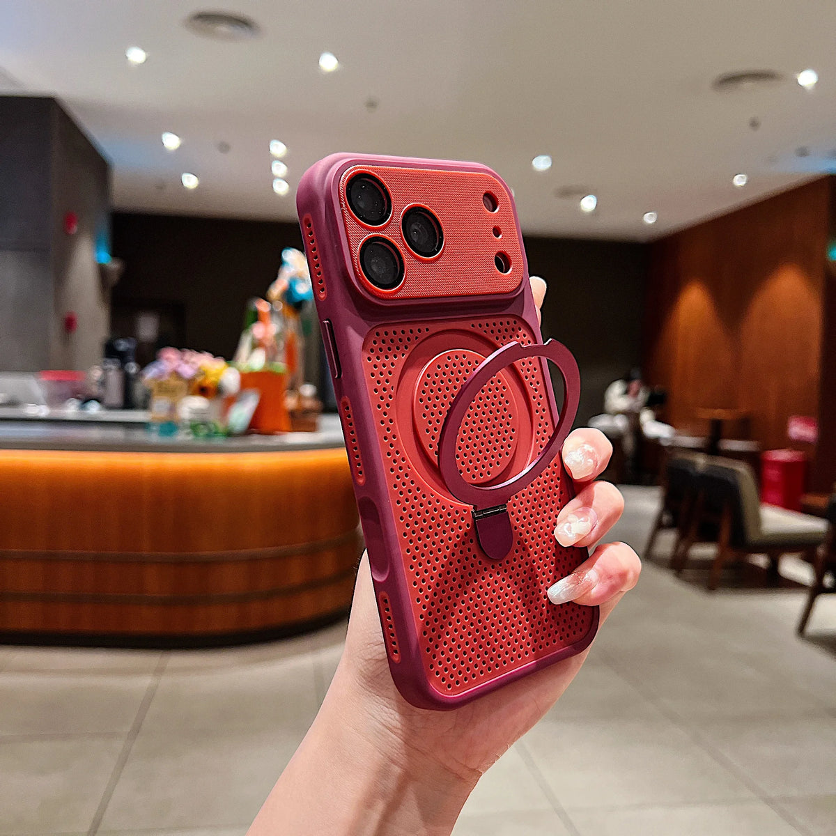 Luxury Heat Dissipation Cooling Mesh Hole Case for iPhone 17 16 15 14 Plus 13 12 Pro Max For Magsafe Stand Holder Armor Cover