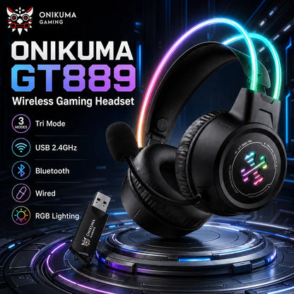 ONIKUMA GT889 Wireless Gaming Headset Tri Mode Bluetooth 5.4 RGB Low Latency 60H Battery HD Headphones With Microphone For PC