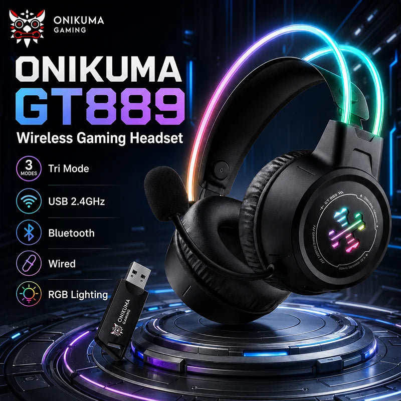 ONIKUMA GT889 Wireless Gaming Headset Tri Mode Bluetooth 5.4 RGB Low Latency 60H Battery HD Headphones With Microphone For PC