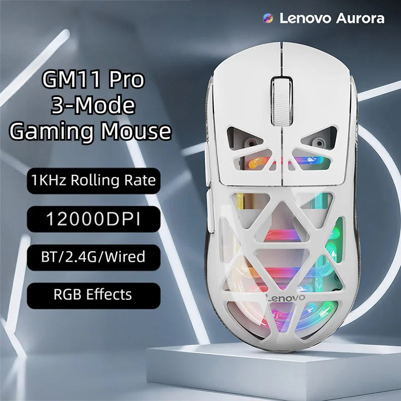Lenovo Aurora Gaming Mouse GM11 Pro RGB 3-mode 2.4G Wireless Bluetooth 12000 DPI Adjustable Lightweight Portable Rechargeable