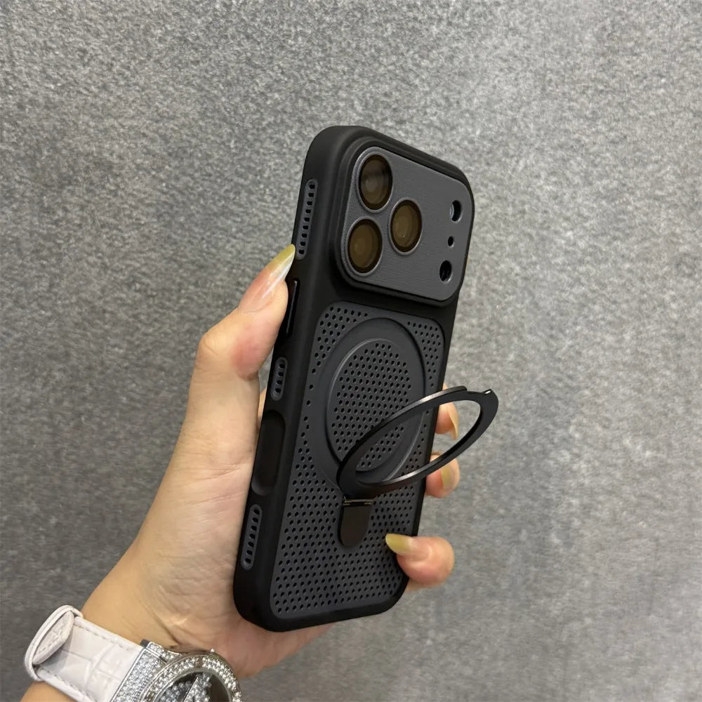 Cooling Heat Dissipation Stand Holder Case For iPhone 17 Pro Max 16 Pro 15 14 13 12 Invisible Bracket Magnetic Matte Hard Cover