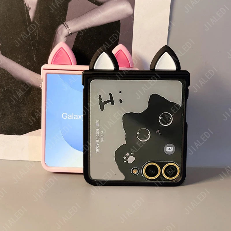 Cute Cat Ears Hinge Phone Case For Samsung Galaxy Z Flip 8 7 6 5 4 3 flip6 zflip7 ZFlip 8 Cover