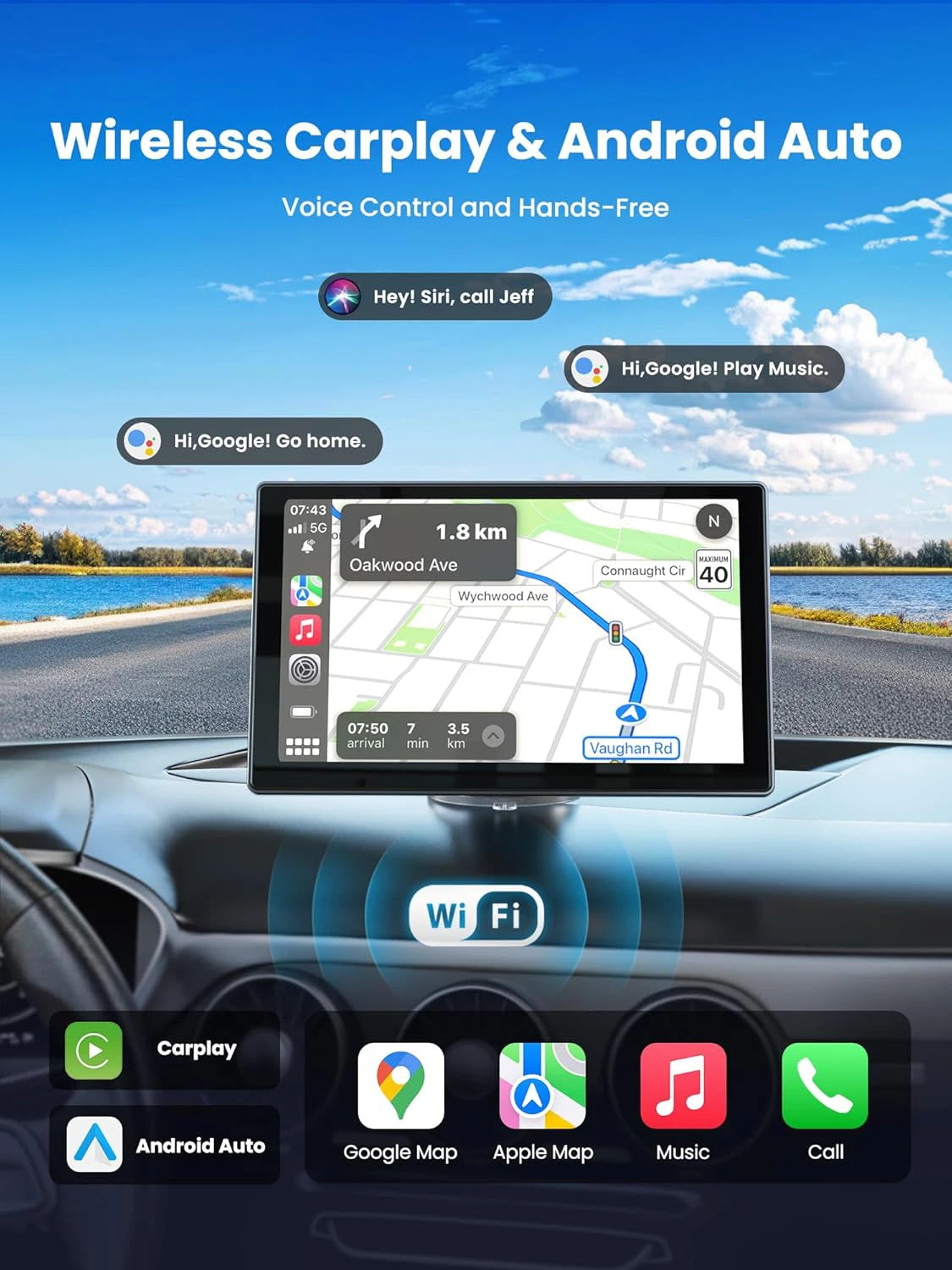 XIMA 7 inch Dash Cam 4K Car DVR Wireless Carplay Android Auto GPS Navigation Video Recorder Dashboard Dual Lens Reversing