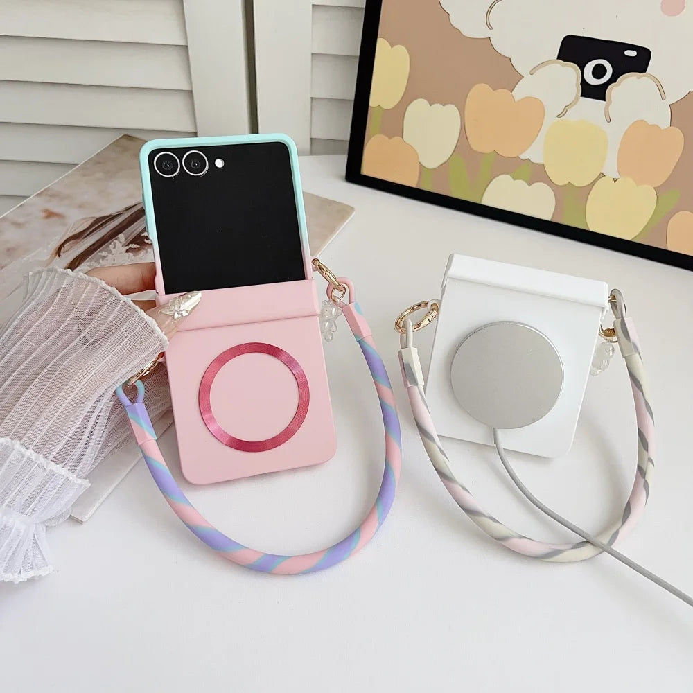 Skin Feeling Wireless Magnetic Lanyard Phone Case For Samsung Galaxy Z Flip 3 4 5 6 7 8 Macaron Gradient Cord PC Hard Shell