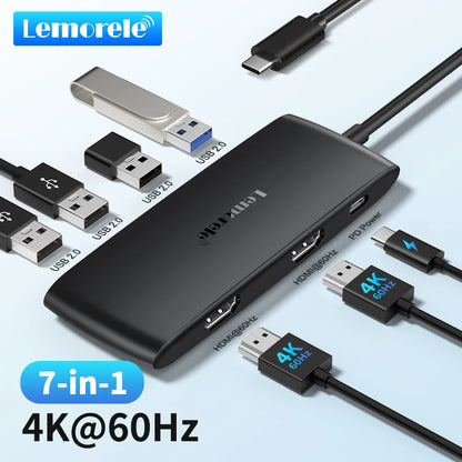 Lemorele TC510 7-in-1 USB-C Docking Station USB Hub Adapter USB C to Dual HDMI 4K@60Hz for Windows MacBook Air Laptop