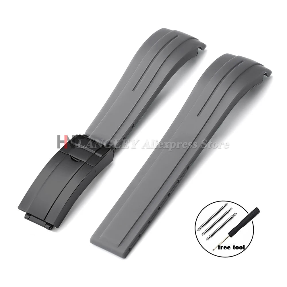 Curved Rubber Watch Bracelet 20mm 21mm 22mm for Rolex Green Water Ghost for Oysterflex Waterproof Silicone Folding Buckle Straps