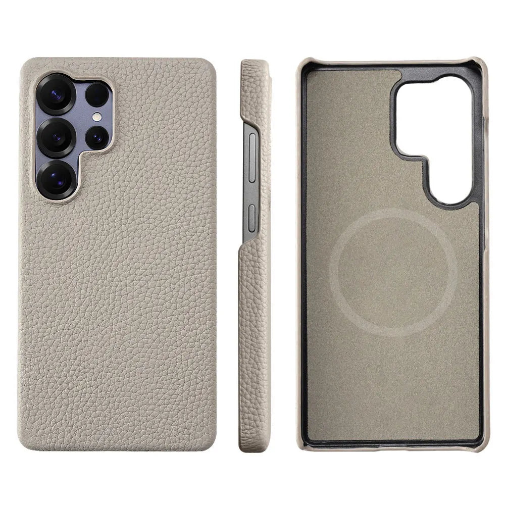 for Magsafe Case for Samsung Galaxy S26 S25 Ultra S24 Plus Natural Cowhide Lychee Leather Magnetic Protector Luxury Phone Cover