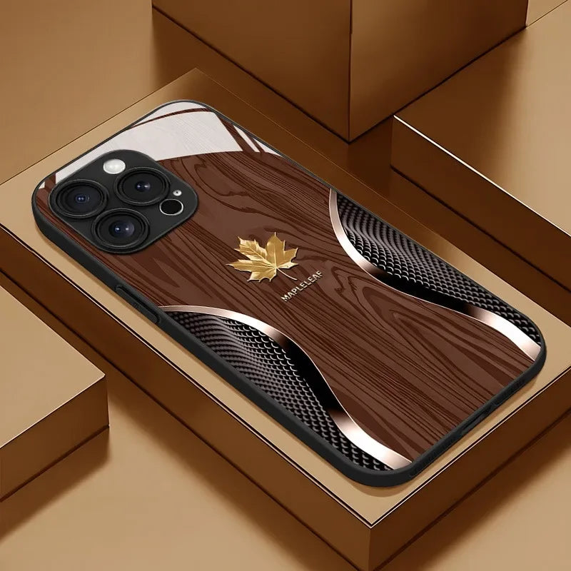 HOT Luxury Maple Leaf Wood Grain Curve Glass Phone Case for Samsung A07 A26 A36 A56 A16 A06 A55 A15 A04 A34 A54 A24 A05 4G 5G
