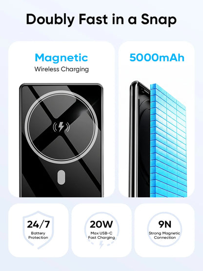 AHARGE 5000mAh Magnetic Power Bank 15W Wireless 20W Wired Charging Thin Card-Sized Slim Portable Powerbank for iPhone 18 Duo 17