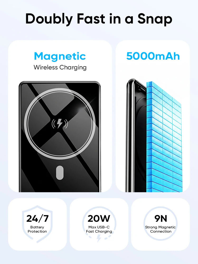 AHARGE 5000mAh Magnetic Power Bank 15W Wireless 20W Wired Charging Thin Card-Sized Slim Portable Powerbank for iPhone 18 Duo 17
