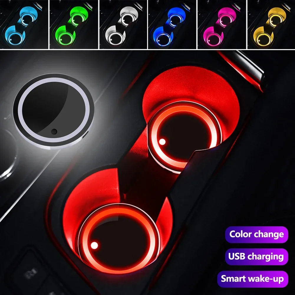 1/2PCS Car Luminous Coasters LED Cup Holder Lights 7 Color-Changing Light Up Cup Holder Insert Coasters Car Decor Accessories