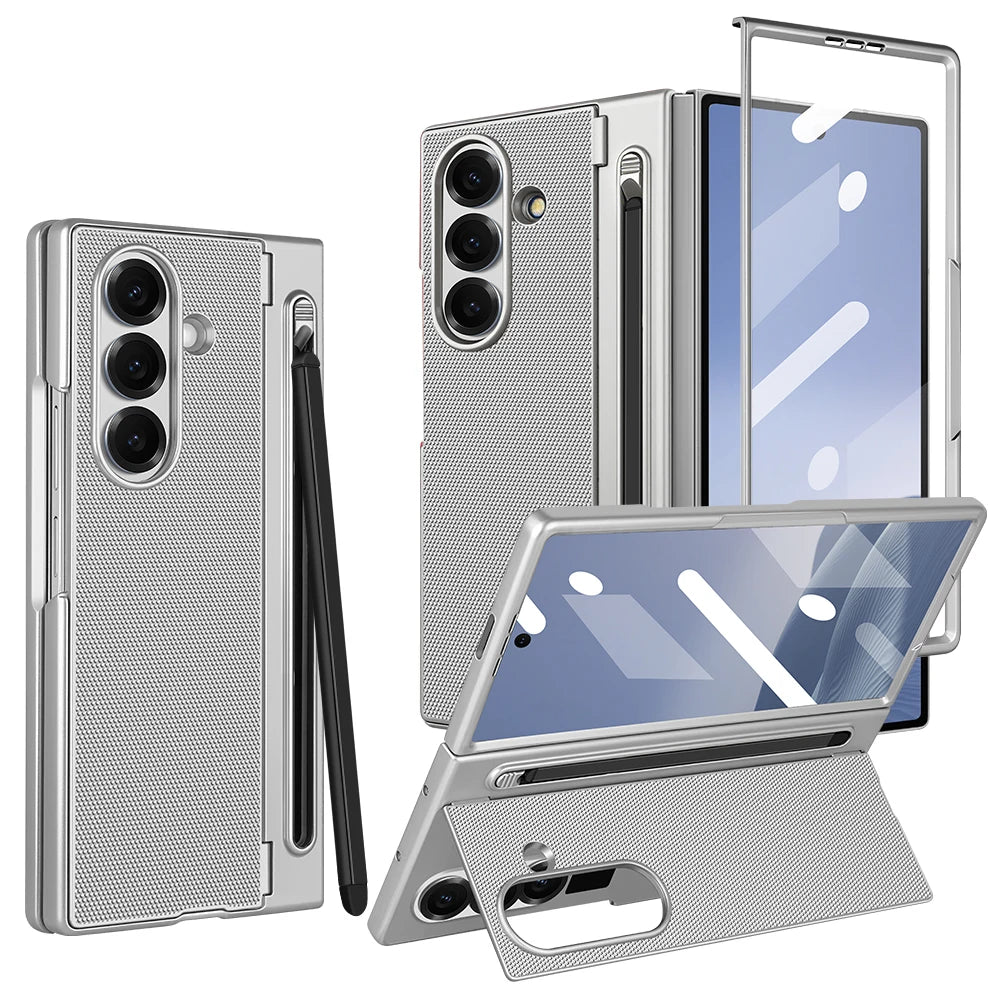 Hard PC Back Cover Phone Case for Galaxy Z Fold 7/6 with Touch Pen Included Kickstand Holder Phone Case with Screen Glass Film