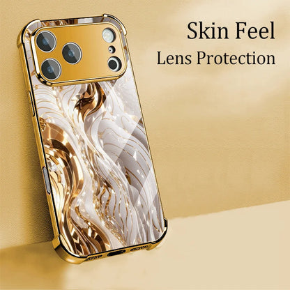 Gold And White Abstract Swirls Electroplated Glass Lens Protective Shockproof Case For iPhone 13 14 15 16 17 Pro ProMax