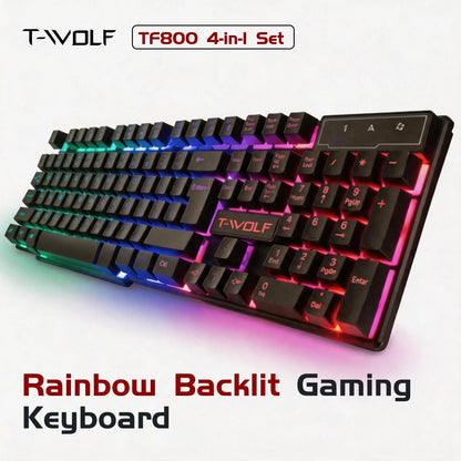 T-WOLF RGB Gaming Keyboard Mouse Headset Mousepad 4 in 1 Combo Wired Mechanical Feel LED Backlit Set for PC Desktop Laptop Gift