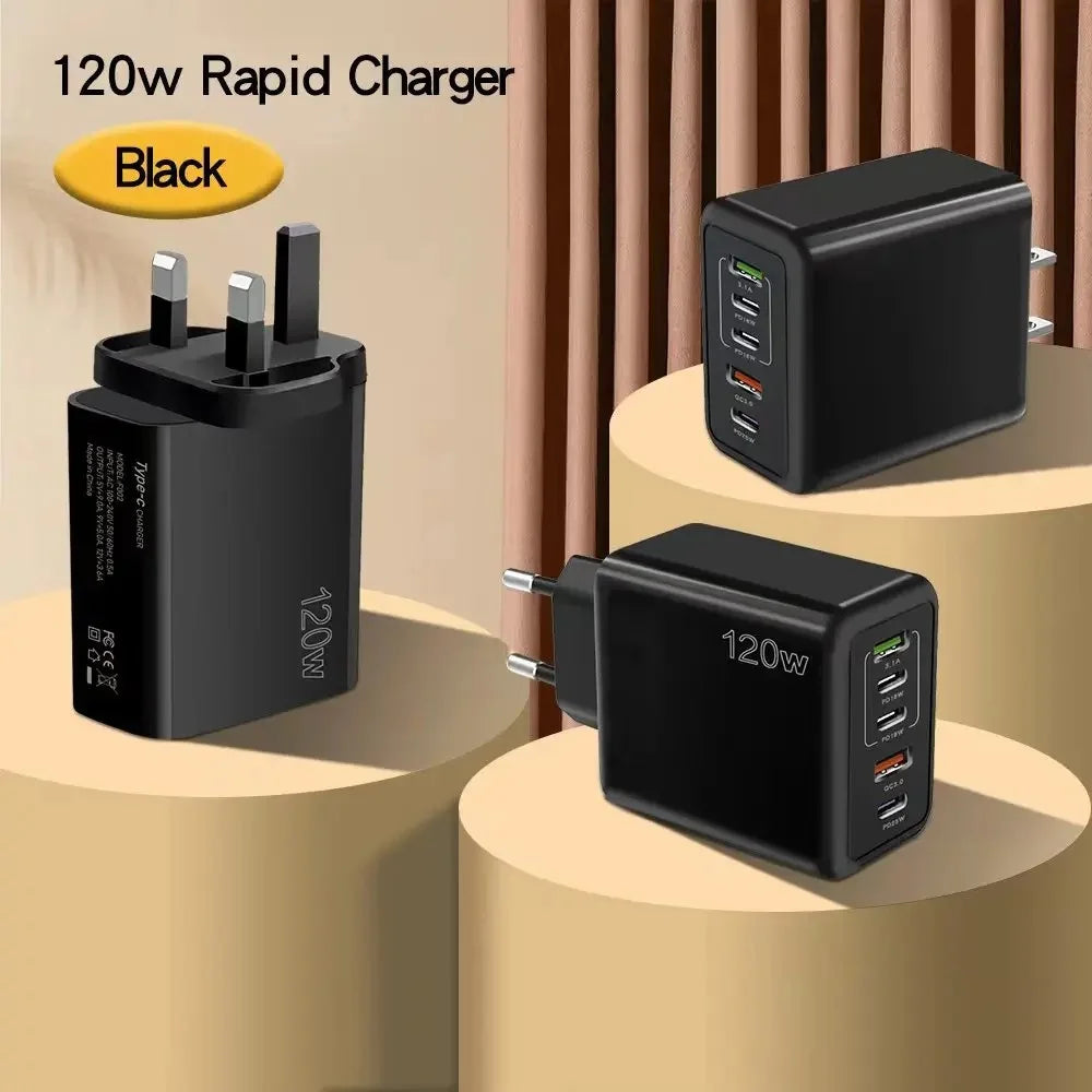 120W 5 Ports USB Charger Type C Fast Charging Mobile Phone Travel Wall Adapter For iPhone 15 Samsung Xiaomi Huawei EU/US/UK Plug