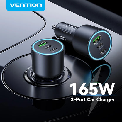 Vention 165W USB C Car Charger 3-Ports PD QC 4.0 45W For Samsung S25 iPhone 17 16 Macbook 100W Fast Charging Adapter With LED