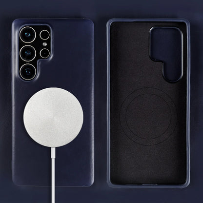 Full Wrapped Magnetic Genuine Leather Phone Case for Samsung Galaxy S25 Edge Cases S24 S23 S22 S21 S26 Wireless Charging Cover