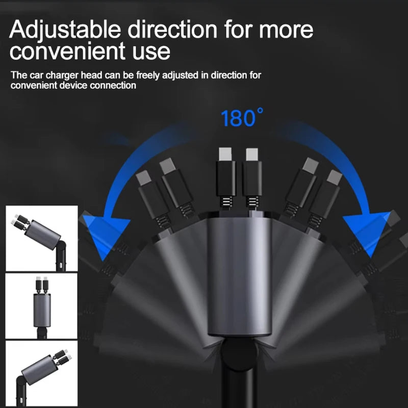 Car Charger Adaptor 120W Fast Charge USB Type C Fast Charger Cable with Retractable Cords Fit for iPhone 16/15/14/13/12 Samsung