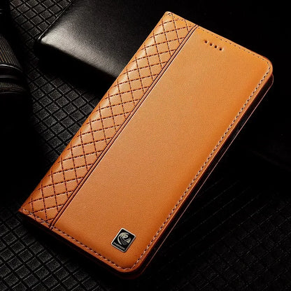 Flip Case For APPLE iPhone 17 17Pro Air Pro Max Genuine Leather Magnetic Cover Luxury Cowhide Grid Pattern Wallet Cases Covers