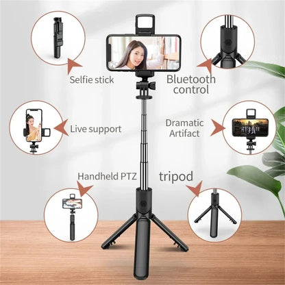 Selfie Stick Tripod Stand with Wireless Bluetooth Remote Extendable Stainless Steel Rod for iPhone Mobile Phones Live Streaming