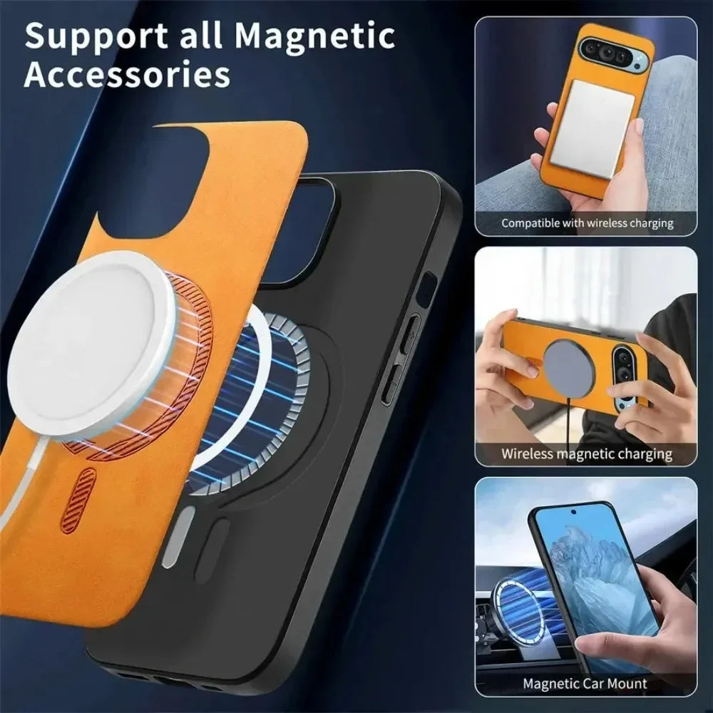 Fashion Skin-friendly PU Leather Slim Case For Google Pixel 11 10 9 Pro XL 8 7 9A 8A Magnetic Charge Full-Pack Shockproof Cover