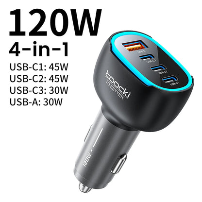 Toocki 120W Mini Car Charger Qi2.2 45W Max USB C PD PPS QC Fast Charging LED Light Zinc Alloy Phone Charger for iPhone17 Samsung