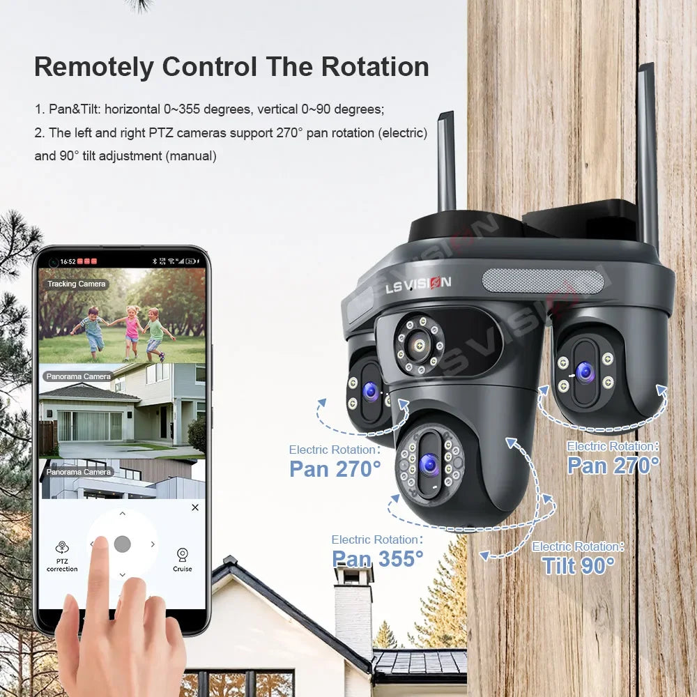 LS VISION 15MP Three Screens WiFi Security Camera Outdoor Three Lens Remote Rotation Color Night Vision Auto Tracking CCTV Cam