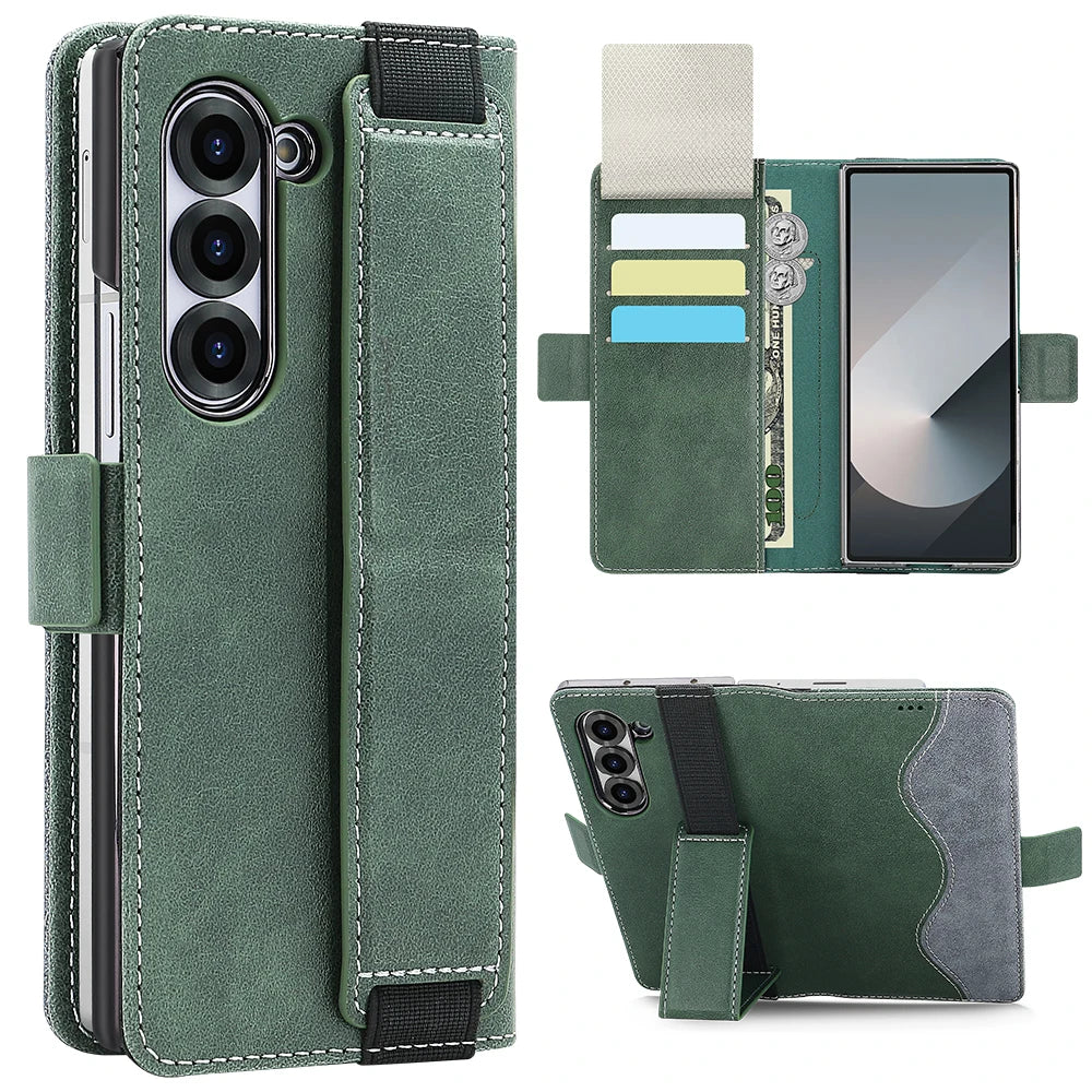 PU Leather Flip Wallet Phone Case for Galaxy Z Fold 8 Ultra Z Fold 8/7/6/5 with RFID Blocking, Adjustable Wristband Kickstand