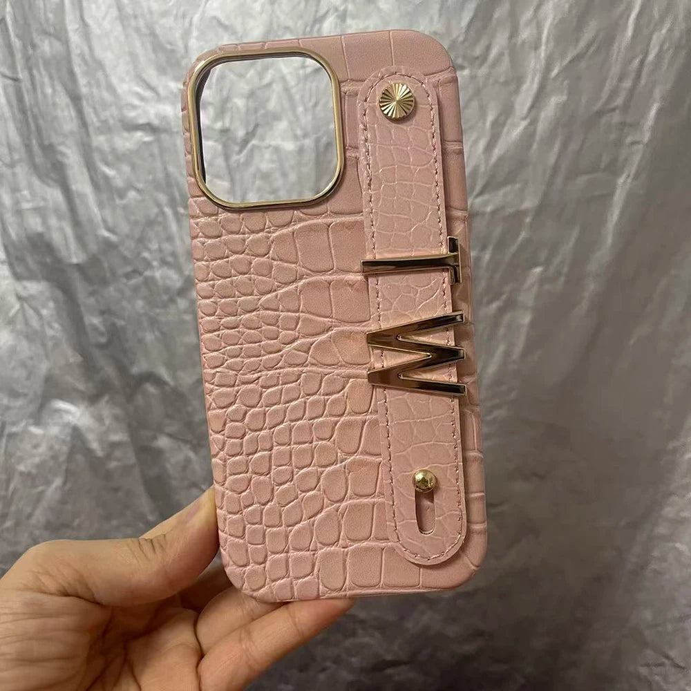 Holding Strap Personalised Custom Name Gold Metal Letters Leather Phone Case For Iphone 14 13 12 17 Pro Max 16promax Cover