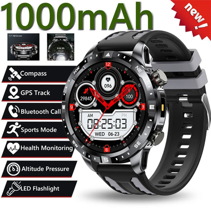 2026 New Military 1000mAh Battery Smart Watch 1.7-inch HD Large Screen LED Flashlight Sport Mode Bluetooth Call Smartwatch Men