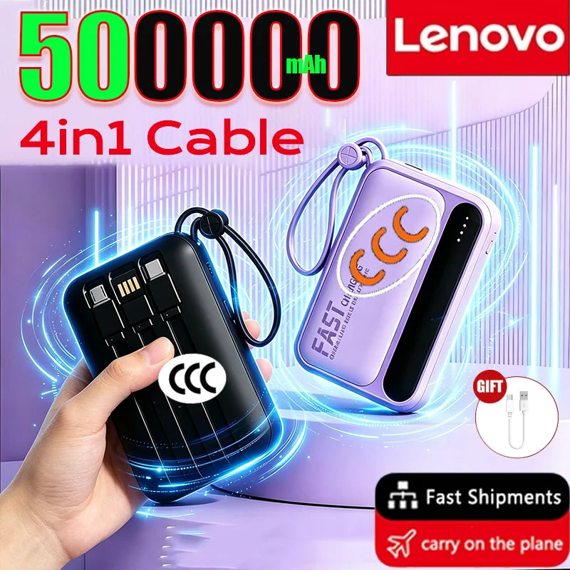 Lenovo New 500000mAh 4 Cables High Capacity Mini Power Bank Fast Charging Portable External Battery Supply New For iPhone Xiaomi