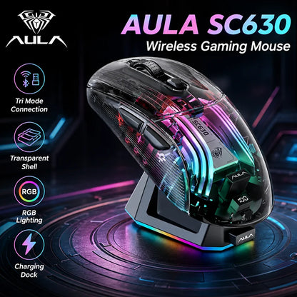 AULA SC630 Transparent Wireless Gaming Mouse Tri Mode Magnetic Charging Base RGB Lighting Battery Display For PC Gamer Office