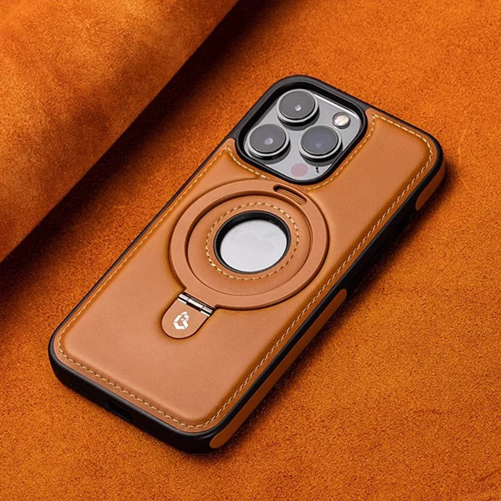 Luxury Leather Magnetic Ring Holder Case For iPhone 16 Pro Max 15 14 Plus 13 12 For Magsafe Hollow Logo Bracket Business Cover
