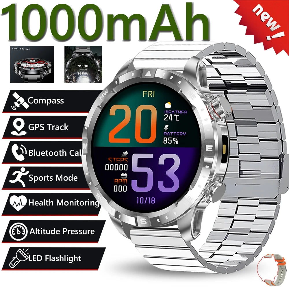 2026 New Military 1000mAh Battery Smart Watch 1.7-inch HD Large Screen LED Flashlight Sport Mode Bluetooth Call Smartwatch Men
