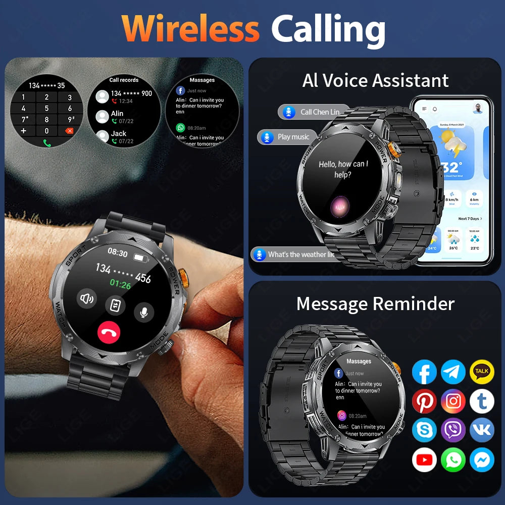 LIGE New Military Outdoor Sport Smart Watch Men Flashlight IP68 Waterproof 1.7" HD Wireless Call Smartwatch 1000mAh Big Battery