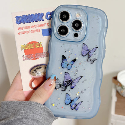 Luxury Glitter Starry Sky Butterfly Resin Irregular Wavy Edge Phone Case for iPhone 11 12 13 14 15 16 17 Pro Max + Plus