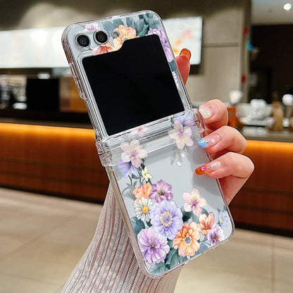Flowers Pattern Clear Case For Samsung Galaxy Z Flip 8 7 FE 6 5 4 3 5G Folding Hard Phone Cover For Samsung Z Flip8 Flip6 Flip7