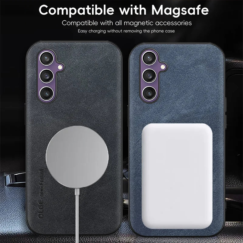 Luxury Leather For Magsafe Magnetic Wireless Charging Phone Case For Samsung Galaxy S26 S25 S24 S23 S22 Ultra Plus Back Cover