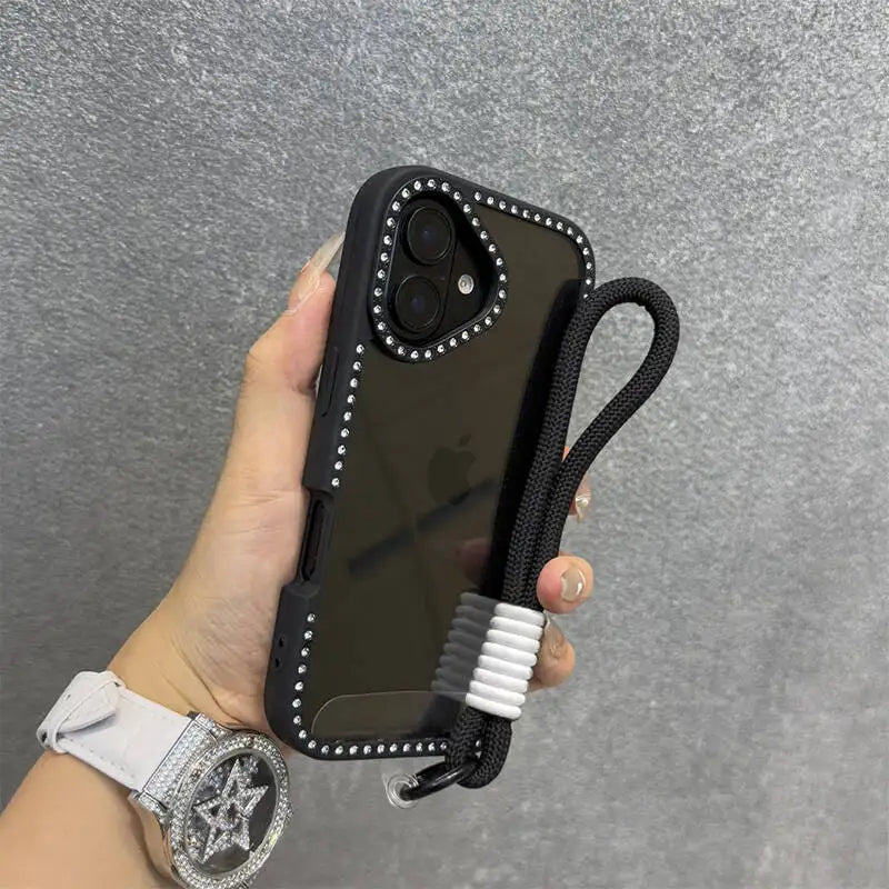 Shining Bling Diamond Transparent Phone Case For iPhone 17 16 15 14 13 12 11 Pro Max Plus 16e 17Air With Wristband Lanyard Cover