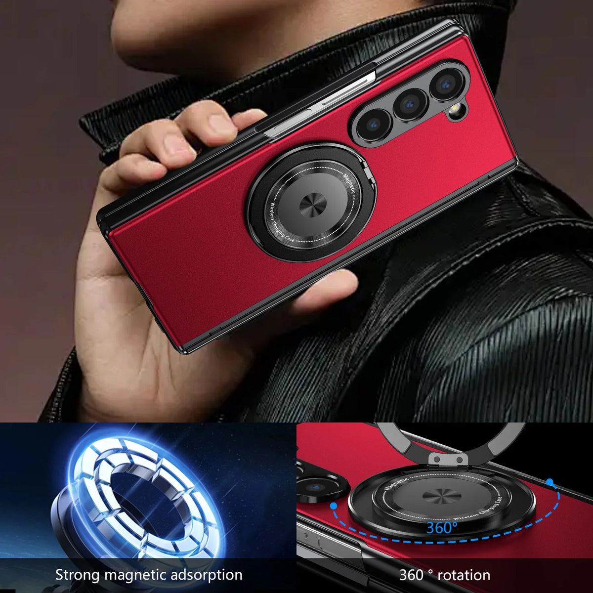 Aluminum Alloy Back Cover Phone Case for Samsung Galaxy Z Fold 8 Ultra 7/6/5/4 with 360° Rotating Ring Kickstand,Hinge Protector