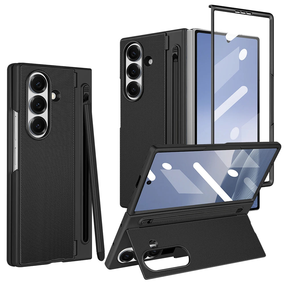 Hard PC Back Cover Phone Case for Galaxy Z Fold 7/6 with Touch Pen Included Kickstand Holder Phone Case with Screen Glass Film